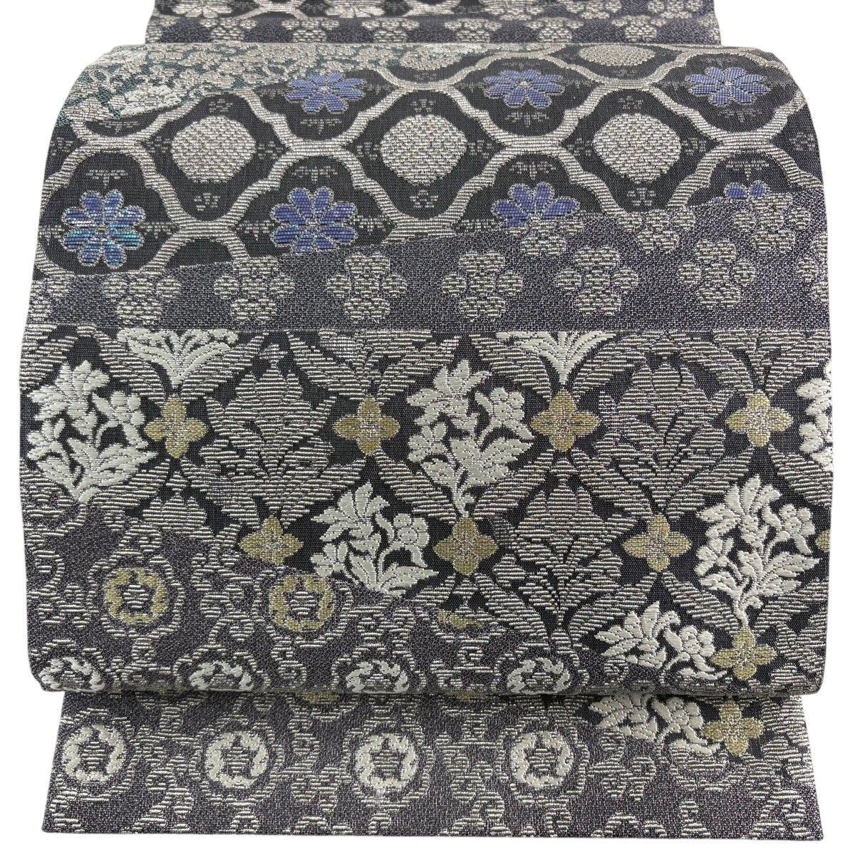 【美品】 袋帯 名品 螺鈿 金華山織 草花 灰紫 お太鼓柄 正絹 【中古】