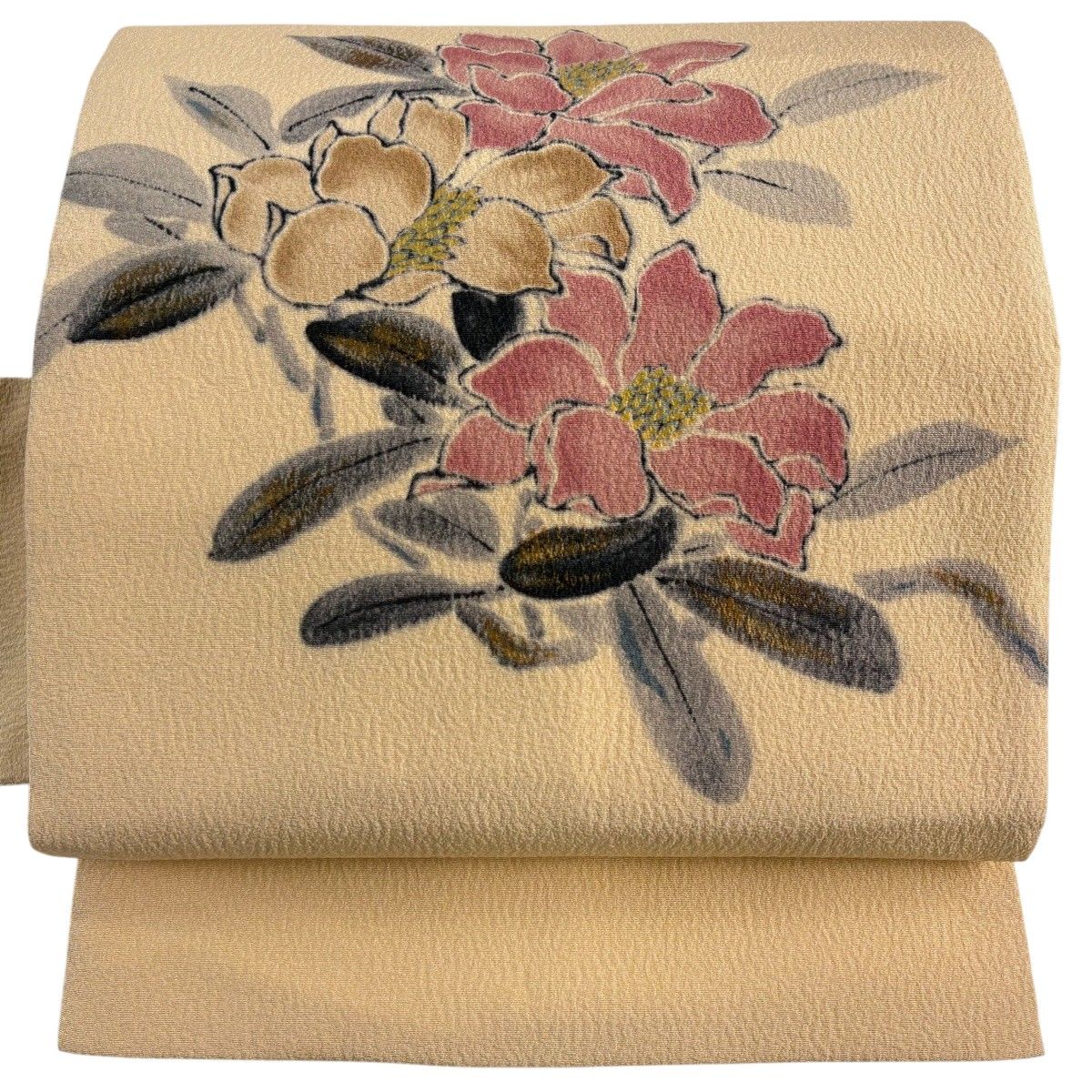 名古屋帯 名品 落款 山科春宣 草花 金彩 薄オレンジ 正絹 【中古】
