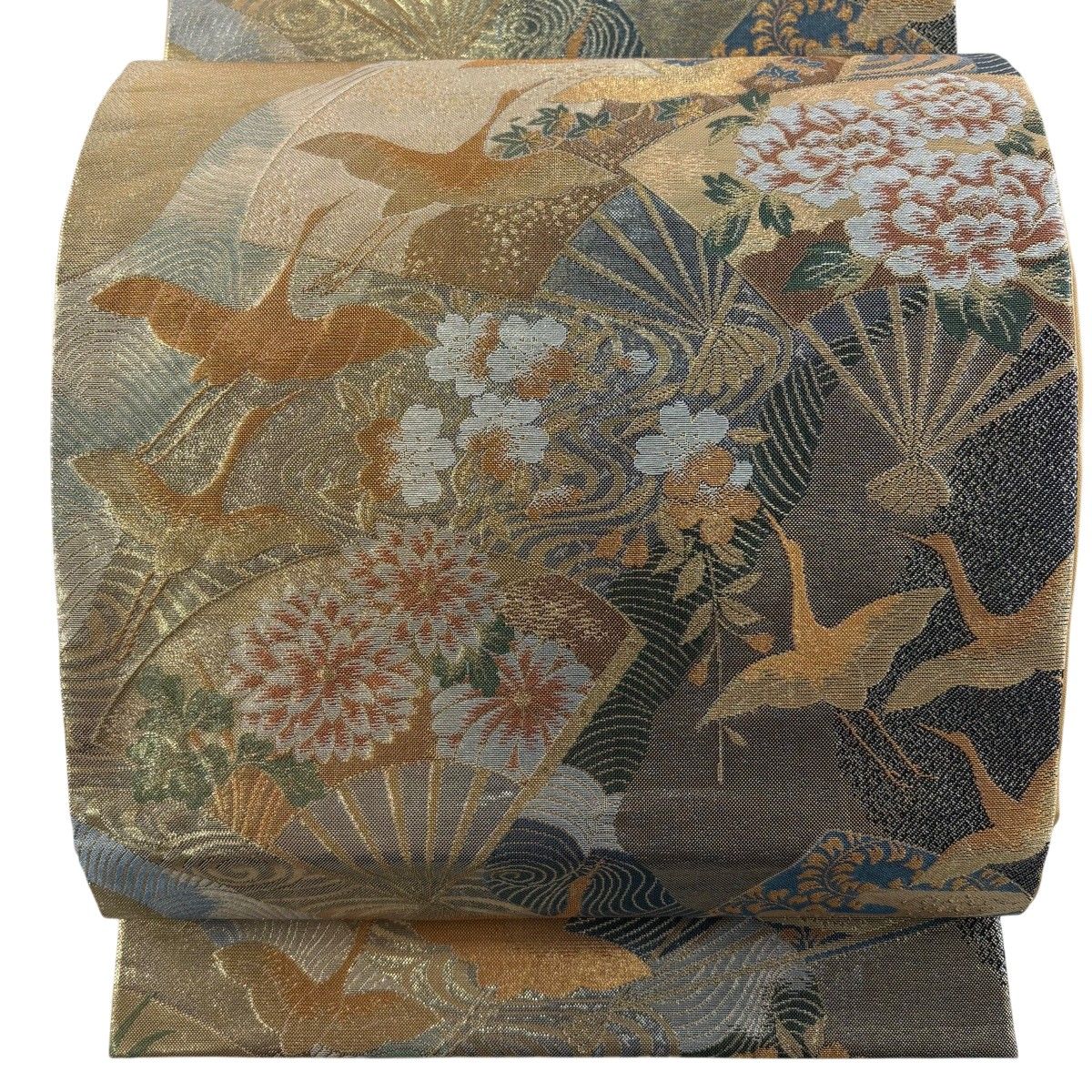 【美品】 袋帯 名品 花扇 鶴 金糸 箔 銀色 六通 正絹 【中古】
