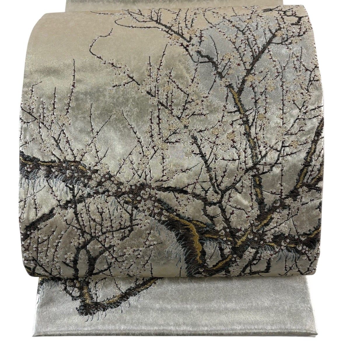 【美品】 袋帯 名品 証紙 枝梅 金銀糸 箔 金色 お太鼓柄 正絹 【中古】