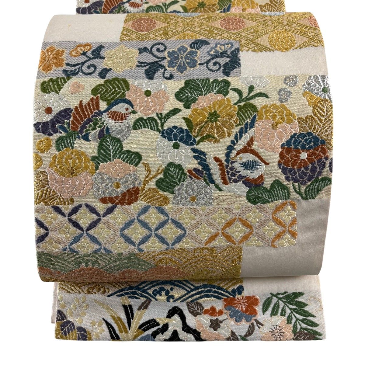 袋帯 名品 鴛鴦 菊 箔 金銀糸 ピンクベージュ 六通 正絹 【中古】