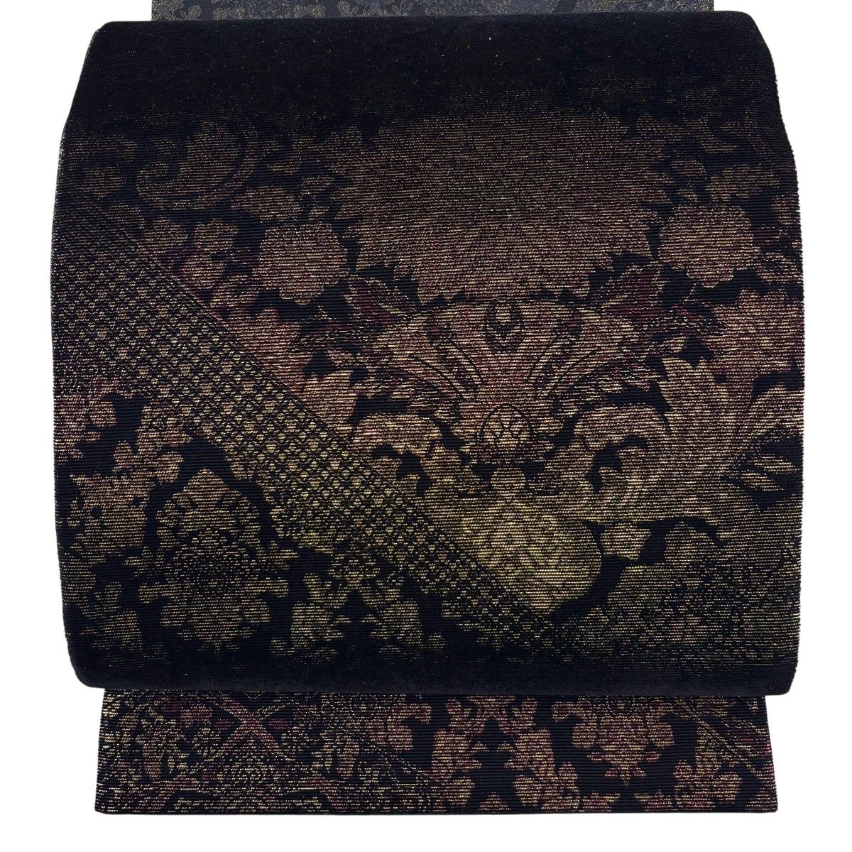 【美品】 袋帯 名品 草花 幾何学模様 箔 ビロード風 黒 お太鼓柄 正絹 【中古】