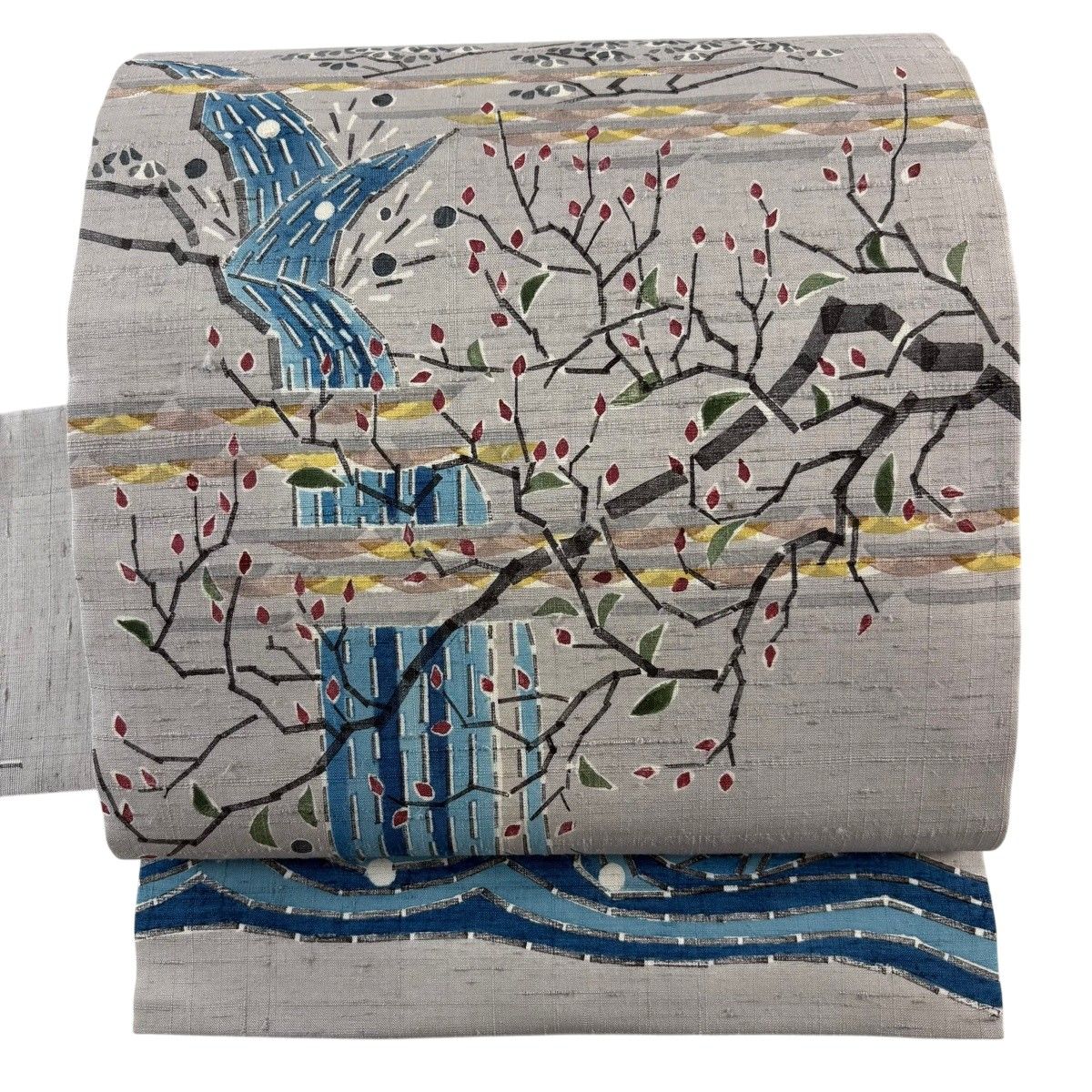 【美品】 名古屋帯 名品 紬地 枝葉 滝 灰色 正絹 【中古】
