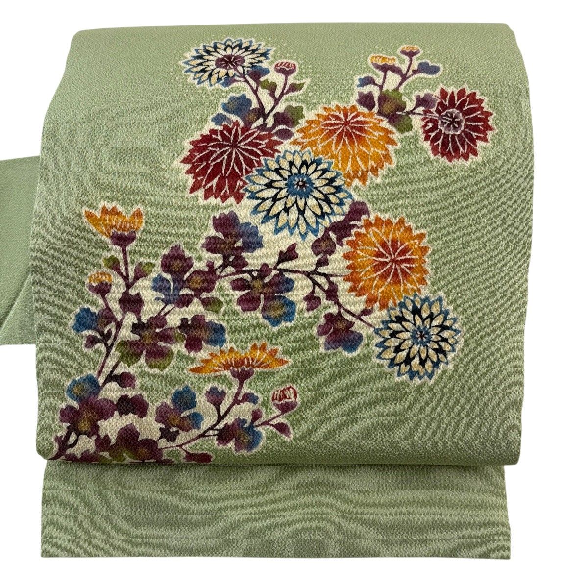 名古屋帯 名品 落款 菊 金彩 縮緬 抹茶色 正絹 【中古】