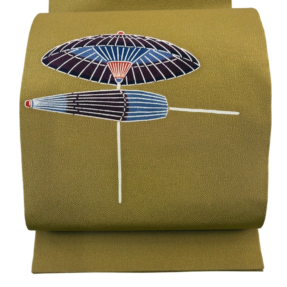 【美品】 開き名古屋帯 名品 番傘 縮緬 黄土色 正絹 【中古】