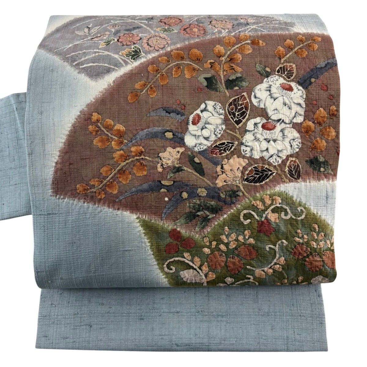 名古屋帯 名品 紬地 扇面 草花 絞り ぼかし 青灰色 正絹 【中古】