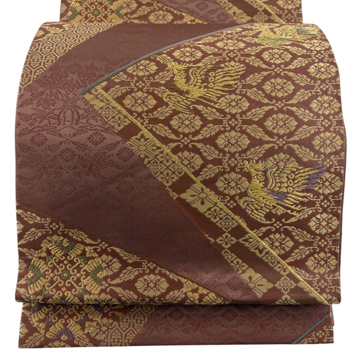 【美品】 袋帯 秀品 落款 霜鳥忍の世界 鳳凰 花菱 金糸 小豆色 六通 正絹 【中古】