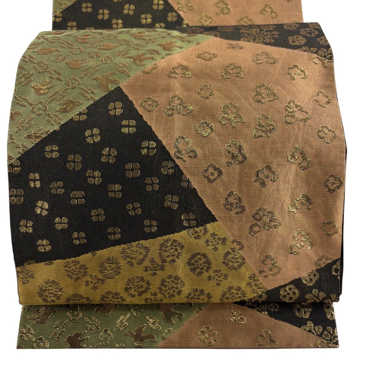 袋名古屋帯 秀品 川島織物 落款 寄せ柄 花鳥 金糸 箔 茶色 正絹 【中古】