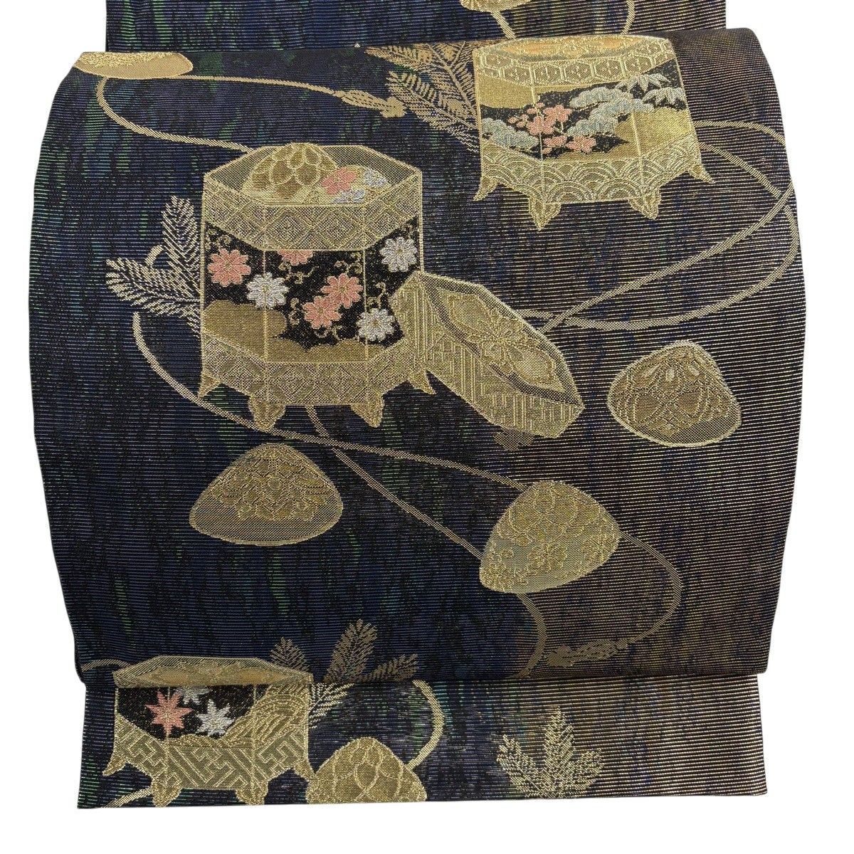 袋帯 秀品 夏帯 紗 貝桶 貝合せ 金糸 箔 青紫 六通 正絹 【中古】
