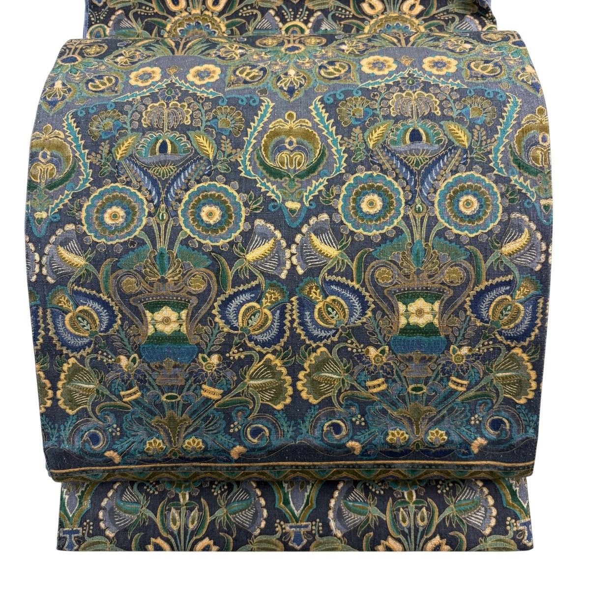【美品】 袋帯 秀品 紬地 草花 金銀彩 青灰色 全通 正絹 【中古】