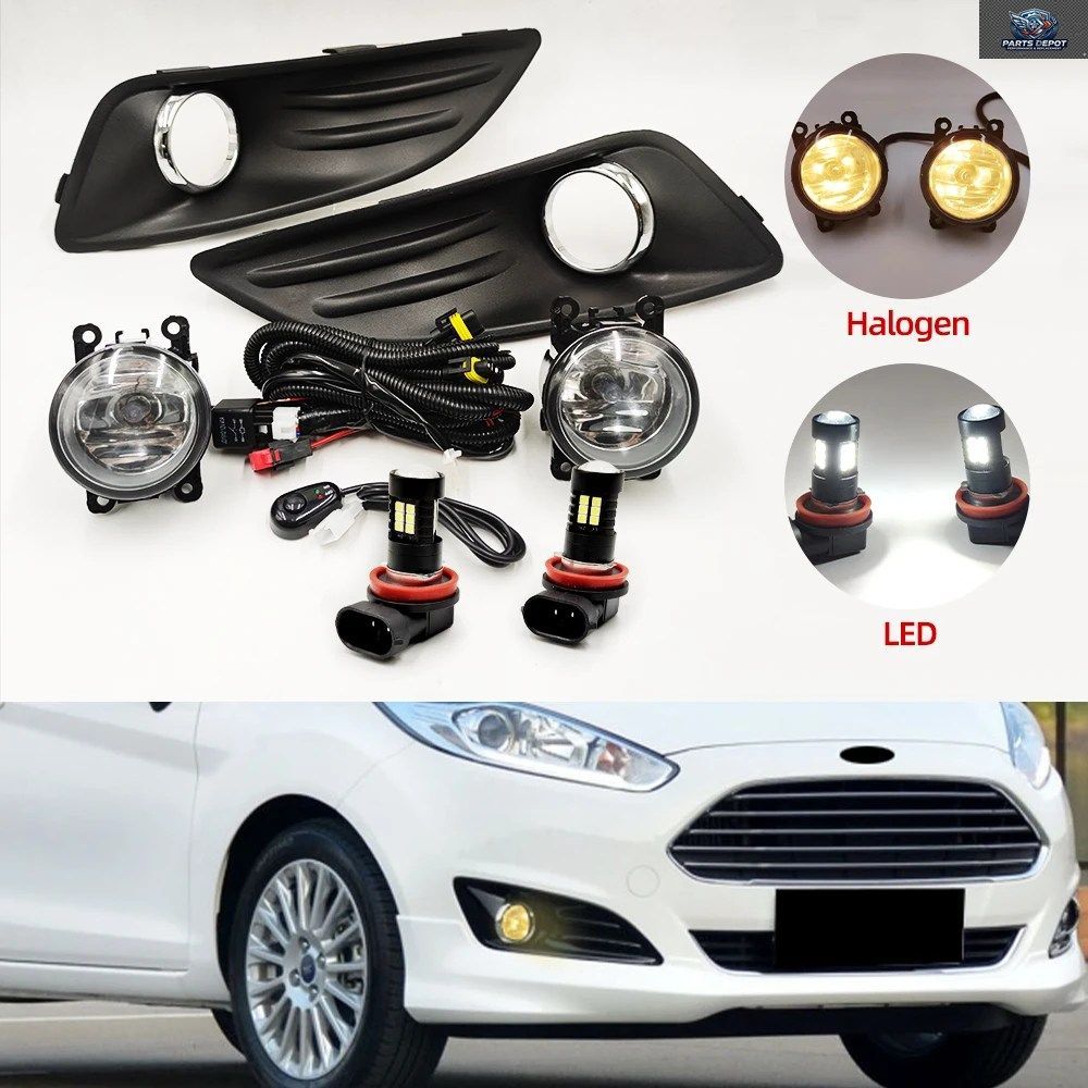2013～2017年式フォード フィエスタ用 LED フロントバンパーフォグランプ、フォグライト配線ハーネス、フォグランプグリルカバー 1セット