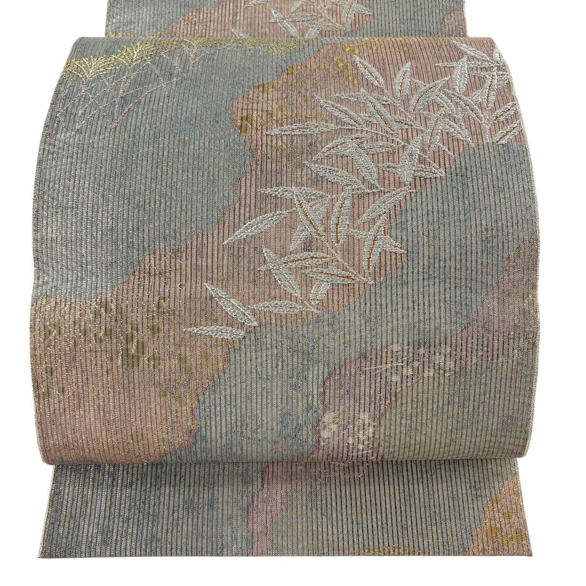 【美品】 袋帯 秀品 道長取 葉柄 金銀糸 箔 青灰色 六通 正絹 【中古】