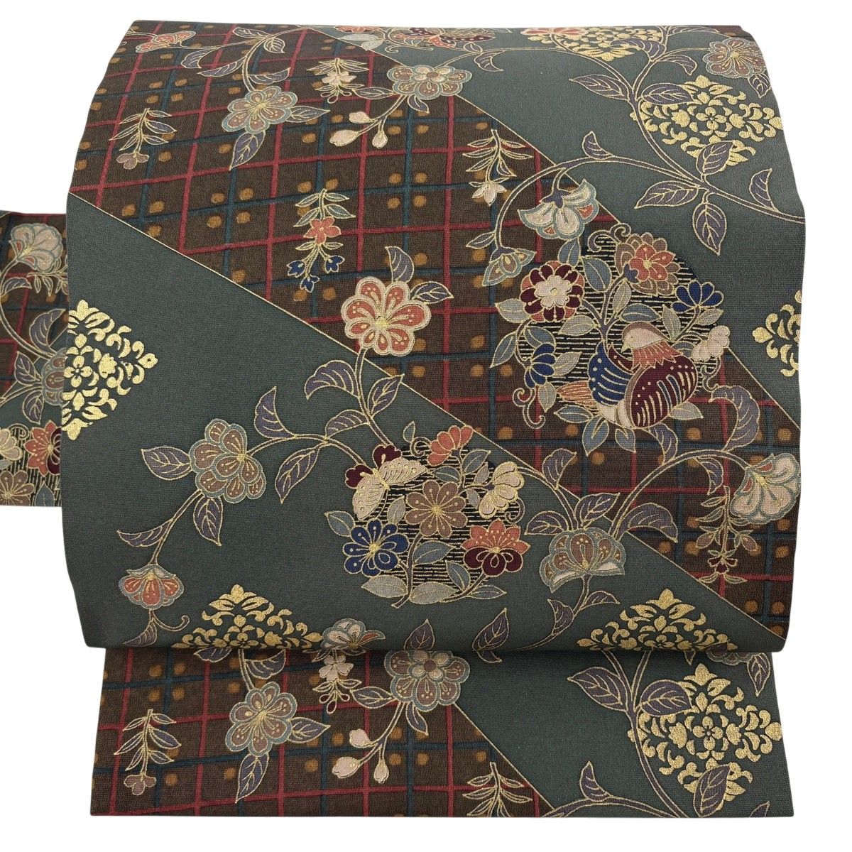 名古屋帯 秀品 花唐草 格子 金彩 深緑 正絹 【中古】