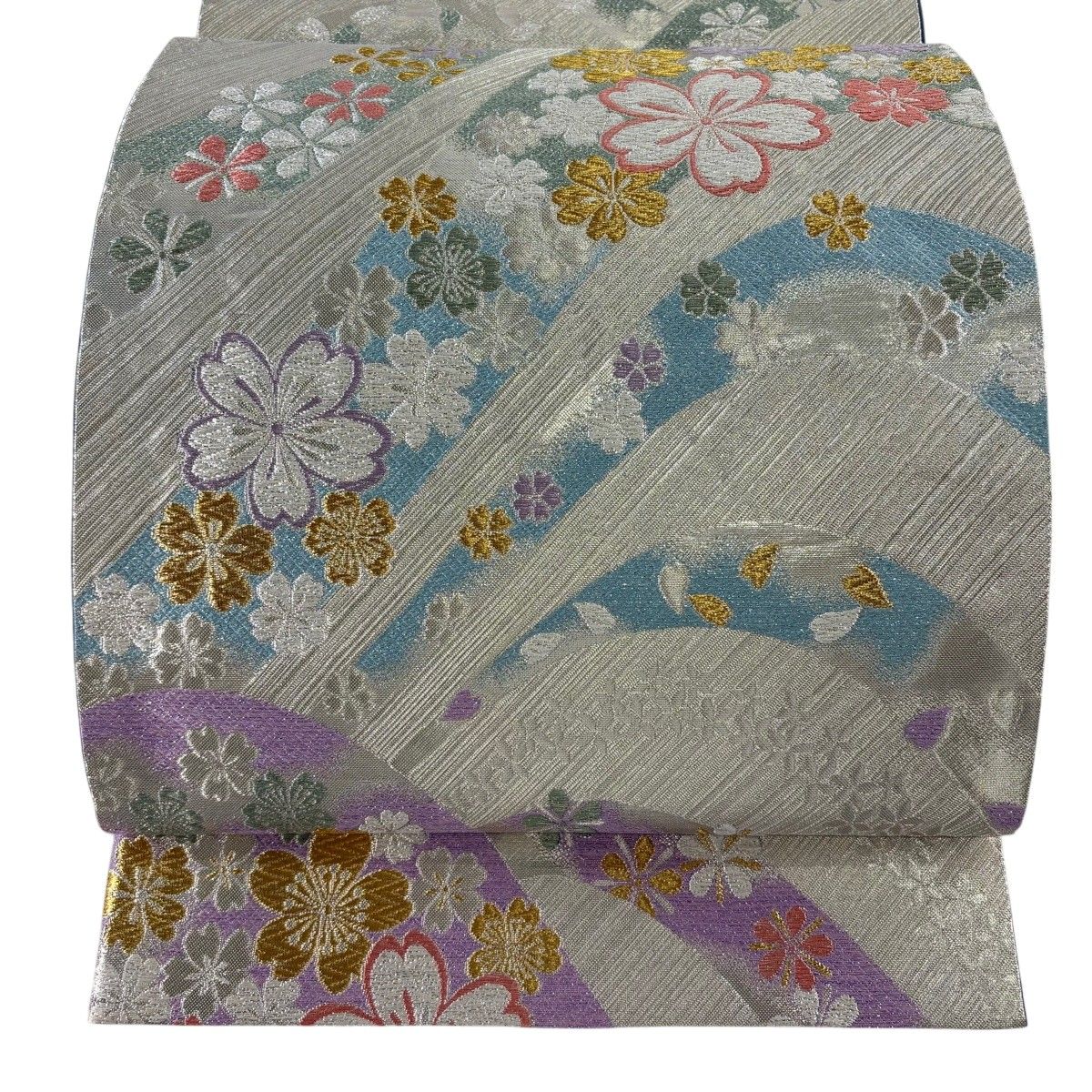 【美品】 袋帯 秀品 振袖向き 桜 桜の花びら 箔 金銀糸 灰白 六通 正絹 【中古】 6,248円