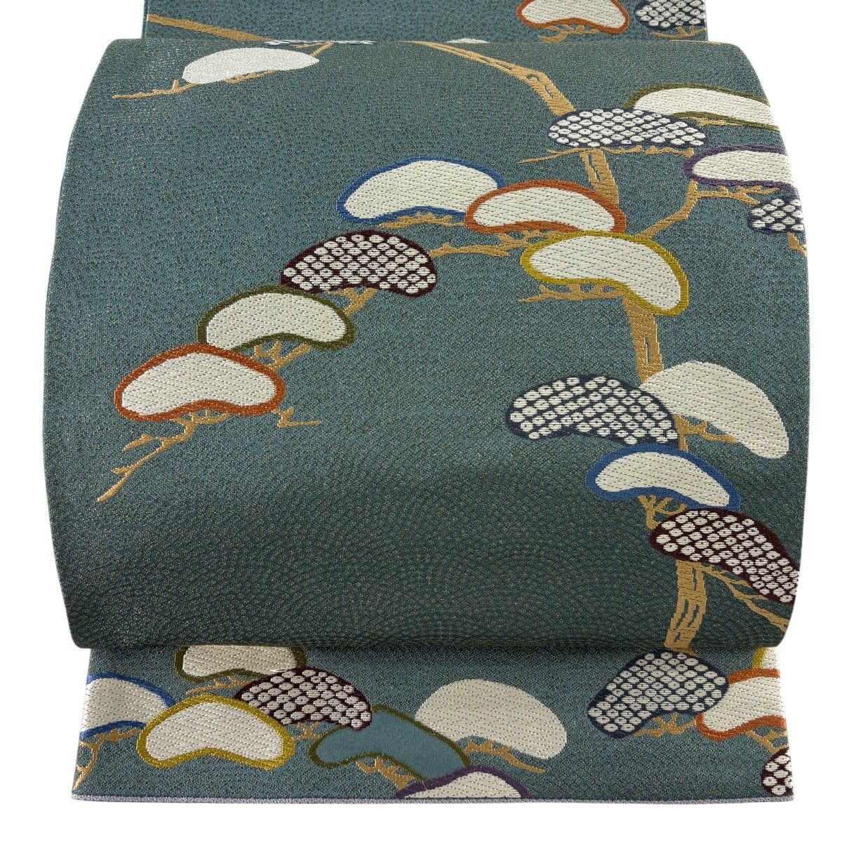 【美品】 袋帯 秀品 関西仕立て 松 金糸 灰緑 六通 正絹 【中古】