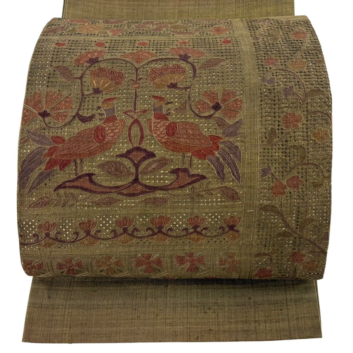 【美品】 袋帯 秀品 紬地 関西仕立て 向かい鳥 花唐草 刺繍 茶緑色 正絹 【中古】