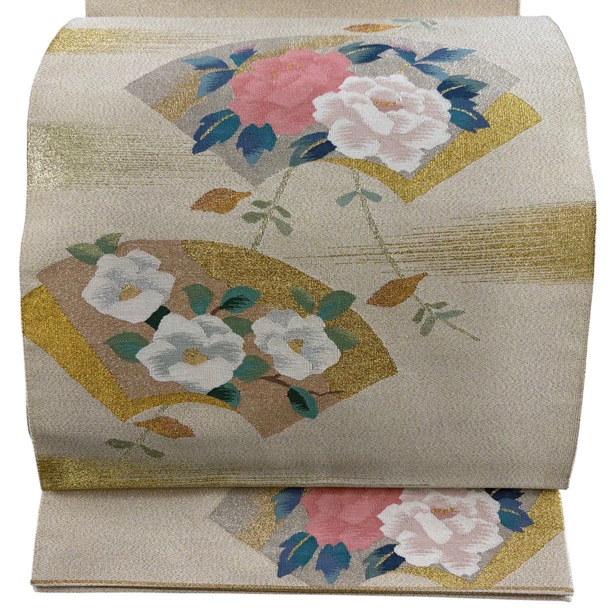 【美品】 袋帯 秀品 綴れ 扇面 牡丹 金銀糸 ベージュ お太鼓柄 正絹 【中古】
