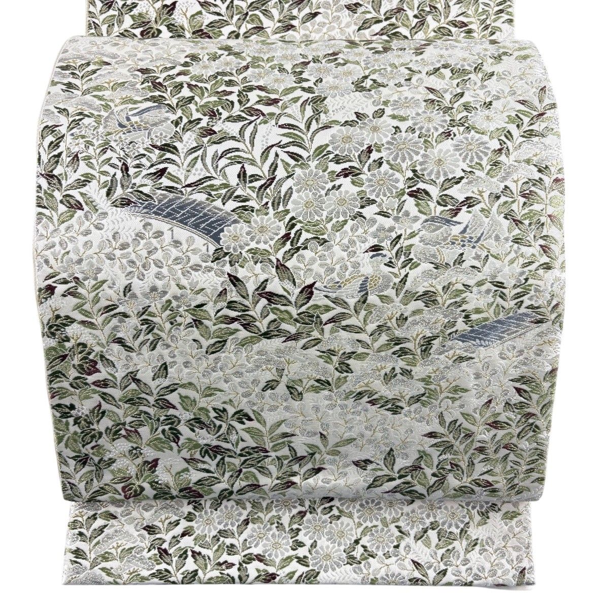 【美品】 袋帯 秀品 落款 鴛鴦 菊 金銀糸 灰白 六通 正絹 【中古】