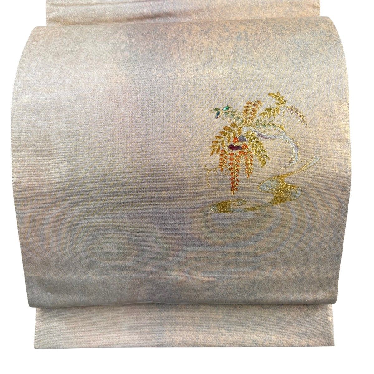 【美品】 袋帯 秀品 藤 流水 螺鈿 金銀彩 灰茶 お太鼓柄 正絹 【中古】