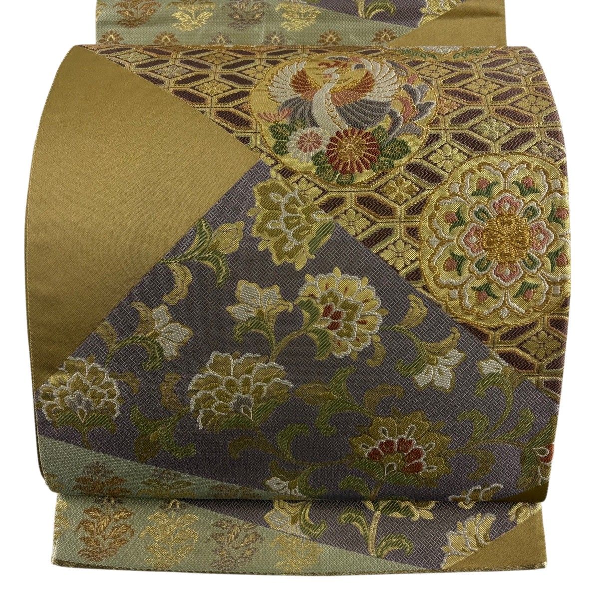 【美品】 袋帯 秀品 花鳥 花唐草 箔 金銀糸 黄土色 六通 正絹 【中古】