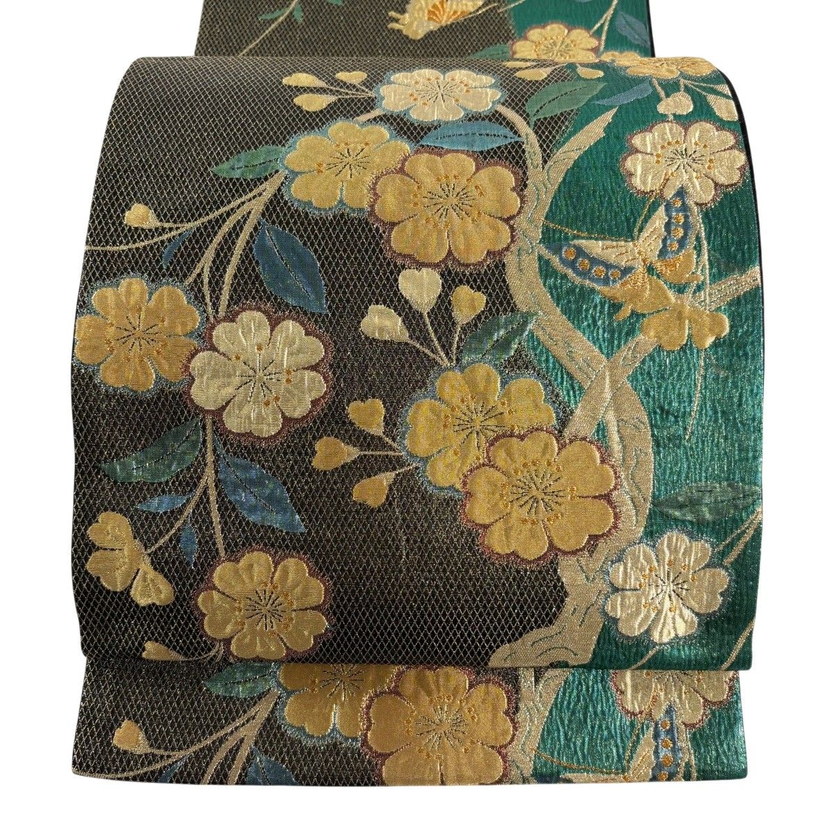 【美品】 袋帯 秀品 桜 蝶 箔 金糸 黒 六通 正絹 【中古】