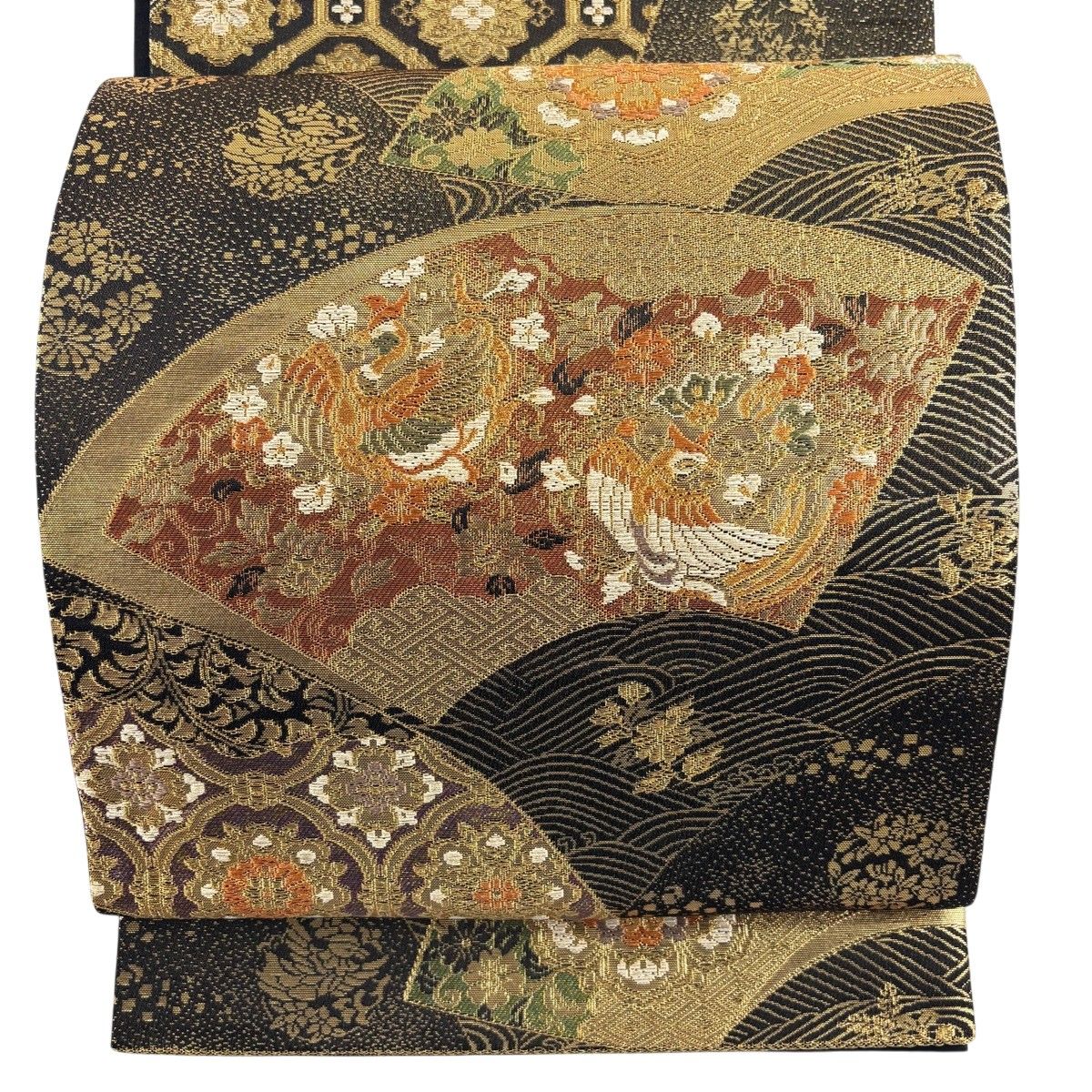 【美品】 袋帯 秀品 関西仕立て 扇面 花鳥 金糸 箔 黒 六通 正絹 【中古】