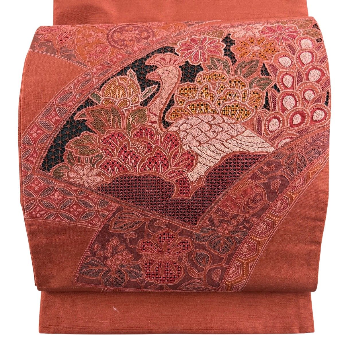 【美品】 袋帯 秀品 紬地 扇面 花鳥 刺繍 朱色 お太鼓柄 正絹 【中古】