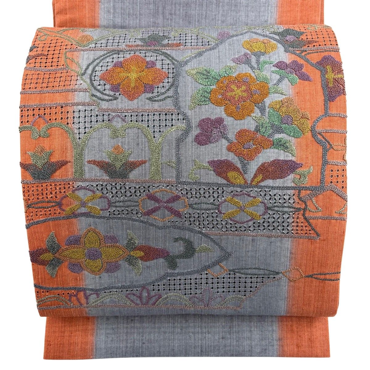 【美品】 袋帯 秀品 紬地 草花 刺繍 青灰色 お太鼓柄 正絹 【中古】