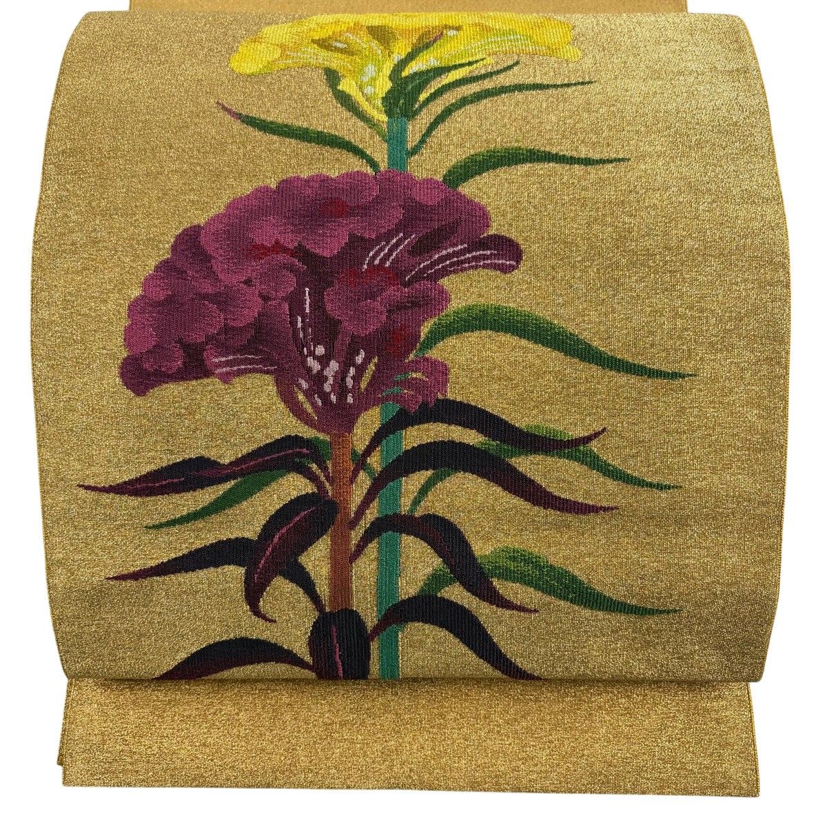 名古屋帯 秀品 八寸名古屋帯 草花 金糸 金色 正絹 【中古】