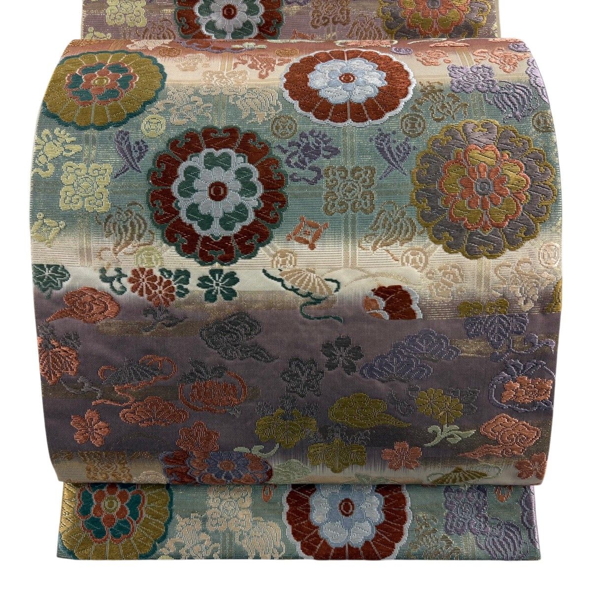 【美品】 袋帯 秀品 花 宝尽くし 箔 金糸 サーモンピンク 六通 正絹 【中古】
