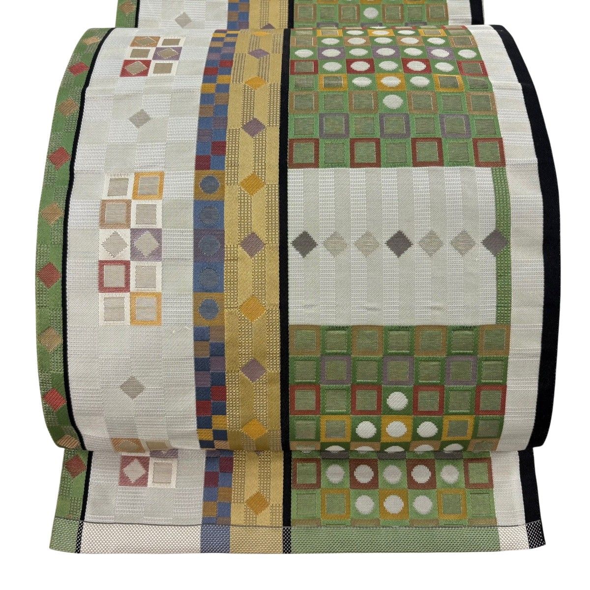 名古屋帯 秀品 八寸名古屋帯 松葉仕立て 関西仕立て 菱 市松 銀糸 緑 正絹 【中古】