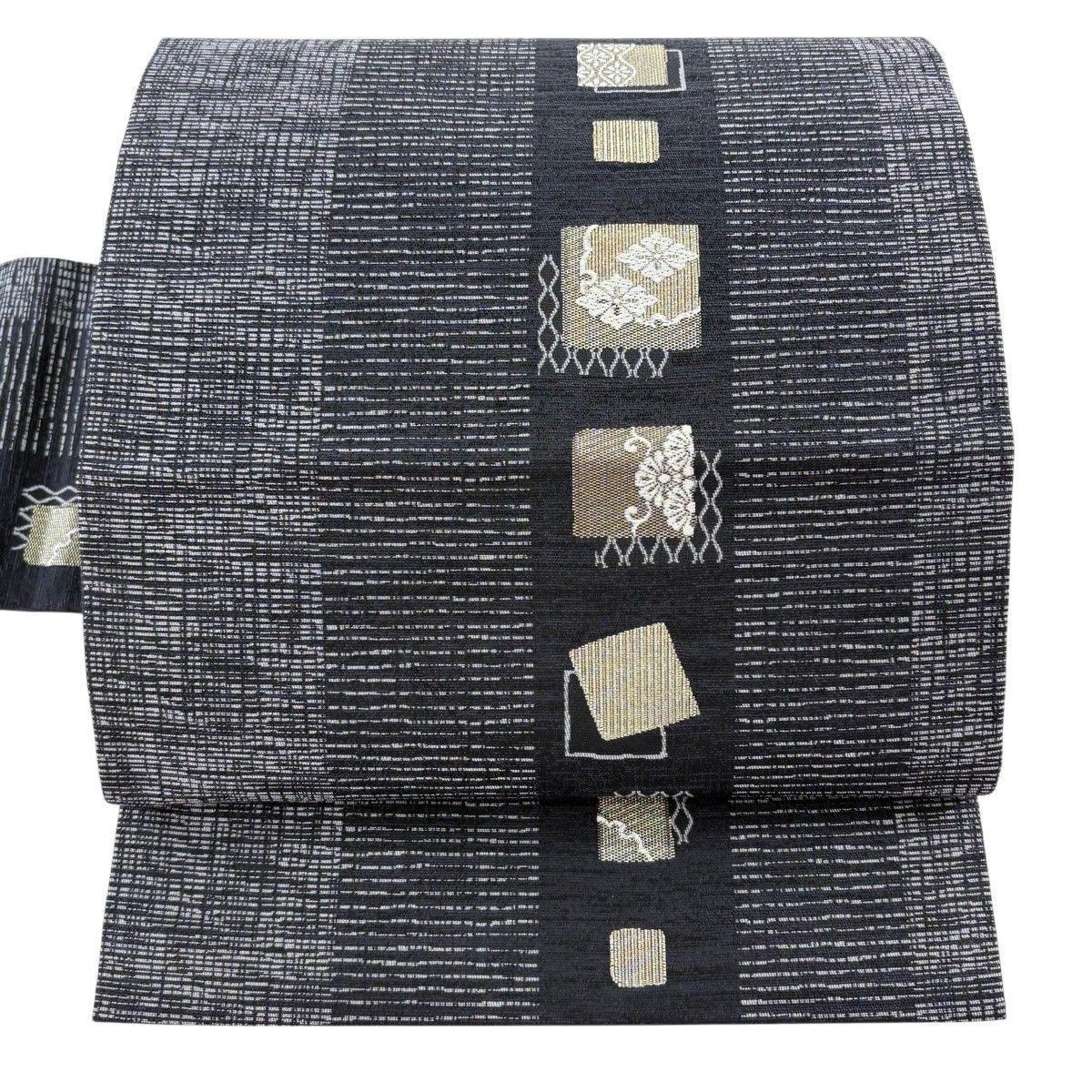 【美品】 名古屋帯 秀品 立涌 花菱 唐織 箔 墨色 正絹 【中古】