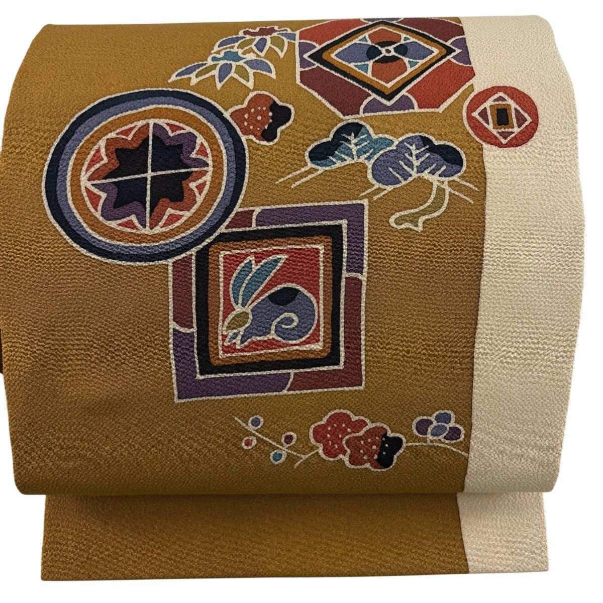【美品】 名古屋帯 秀品 落款 松竹梅 うさぎ 縮緬 オレンジ 正絹 【中古】
