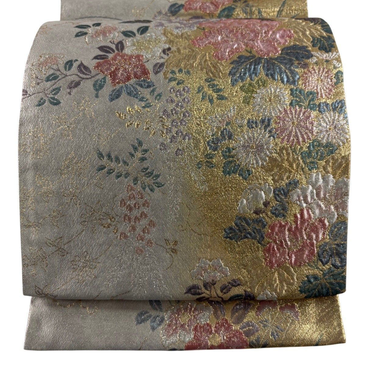 【美品】 袋帯 秀品 牡丹 菊 箔 金色 六通 正絹 【中古】
