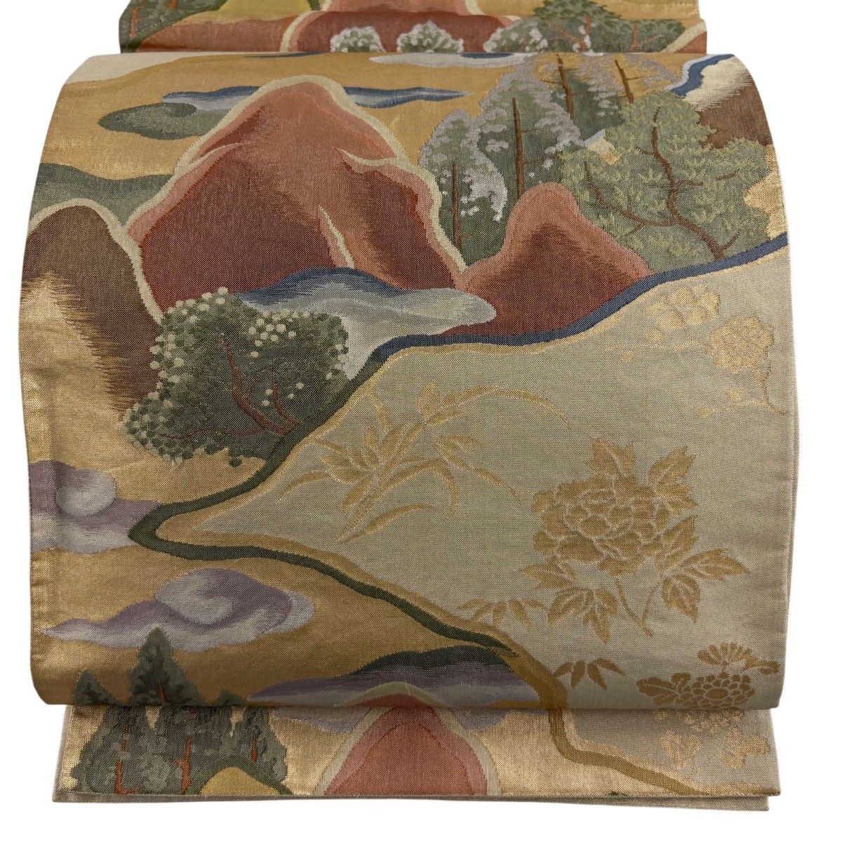 【美品】 袋帯 秀品 樹木 草花 箔 銀糸 薄緑 六通 正絹 【中古】