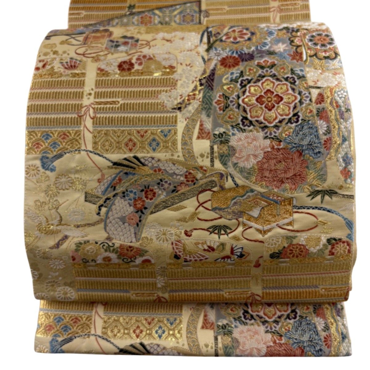 【美品】 袋帯 秀品 鎧威 屏風 金糸 箔 ベージュ 六通 正絹 【中古】