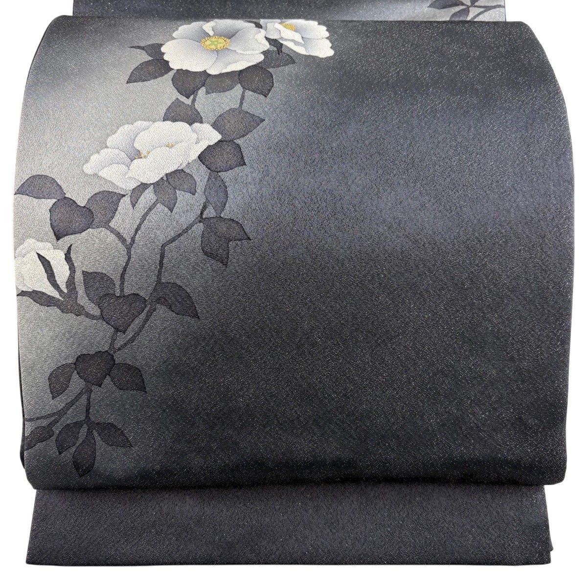 【美品】 袋帯 秀品 枝花 銀通し 灰色 お太鼓柄 正絹 【中古】