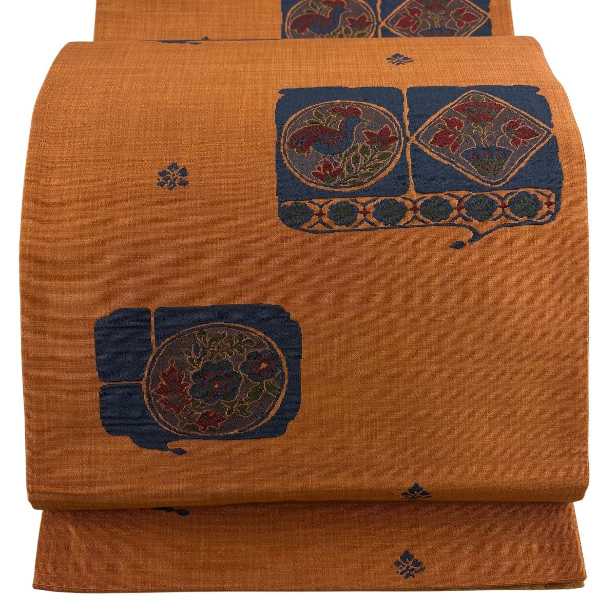 【美品】 袋帯 秀品 鳥 草花 オレンジ 六通 正絹 【中古】