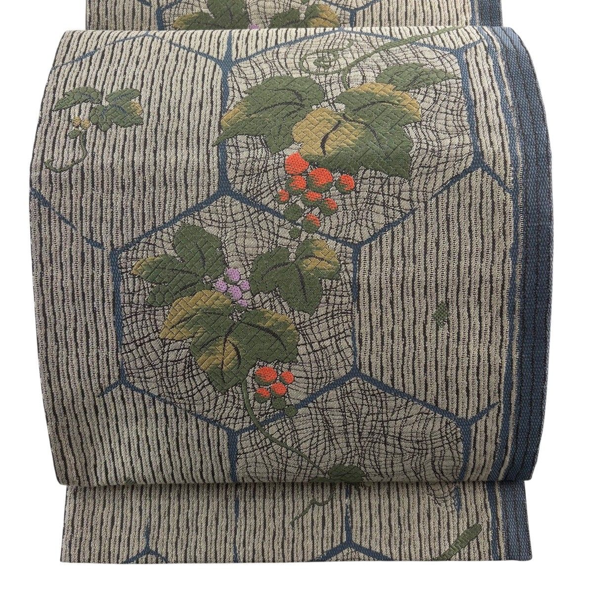 【美品】 袋帯 秀品 葡萄 亀甲 灰色 六通 正絹 【中古】