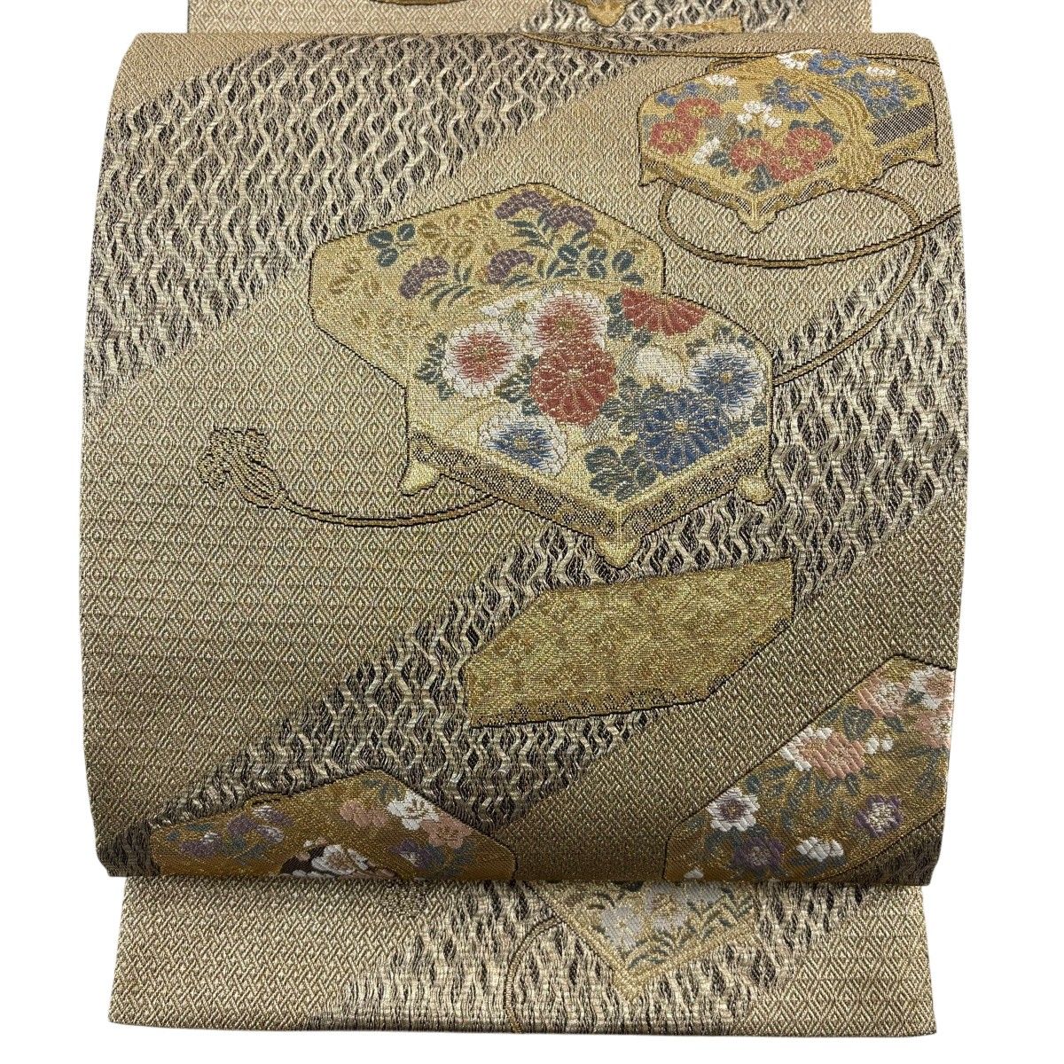 【美品】 袋帯 秀品 文箱 草花 金糸 箔 金色 六通 正絹 【中古】