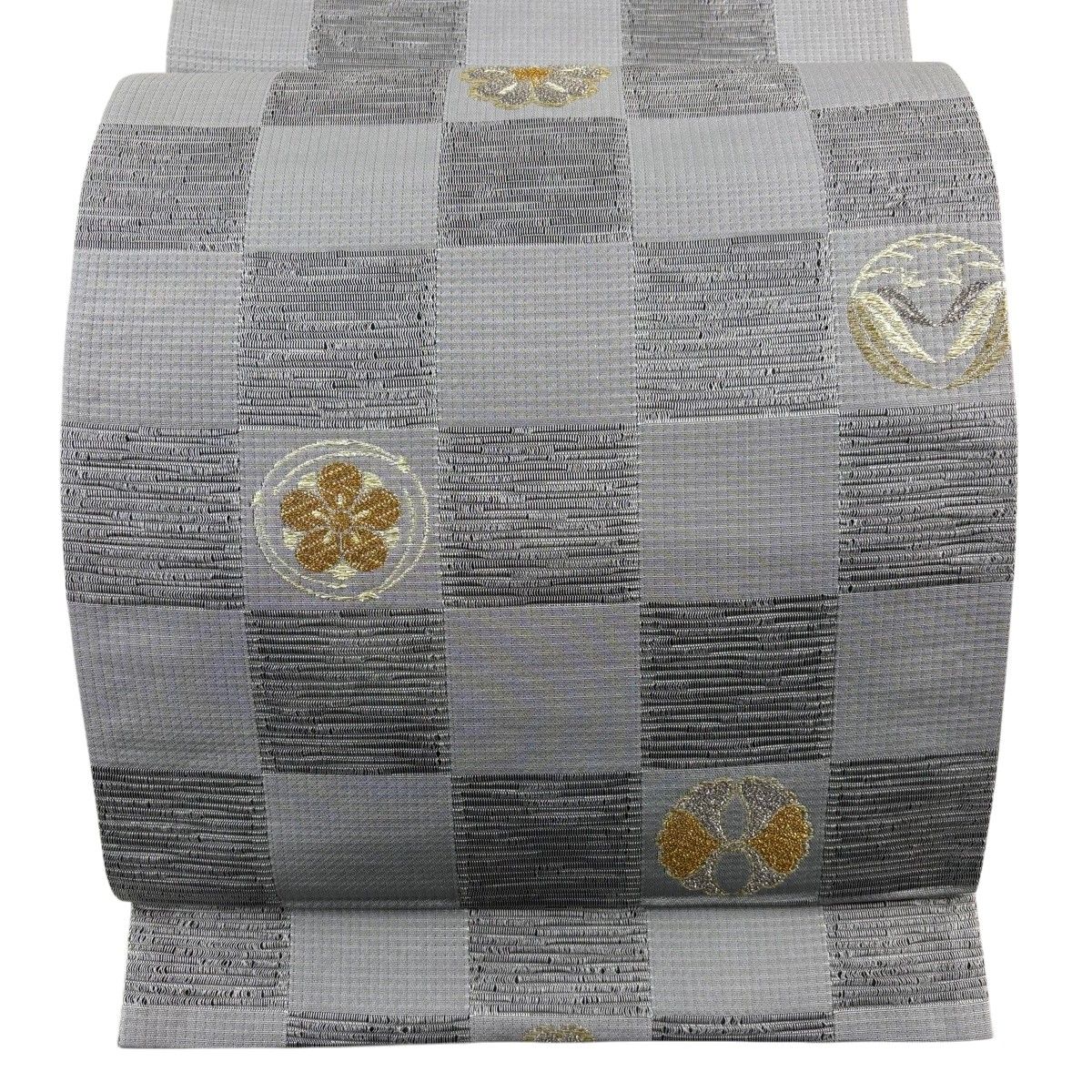 【美品】 袋帯 秀品 市松 梅 箔 銀彩 灰色 六通 正絹 【中古】