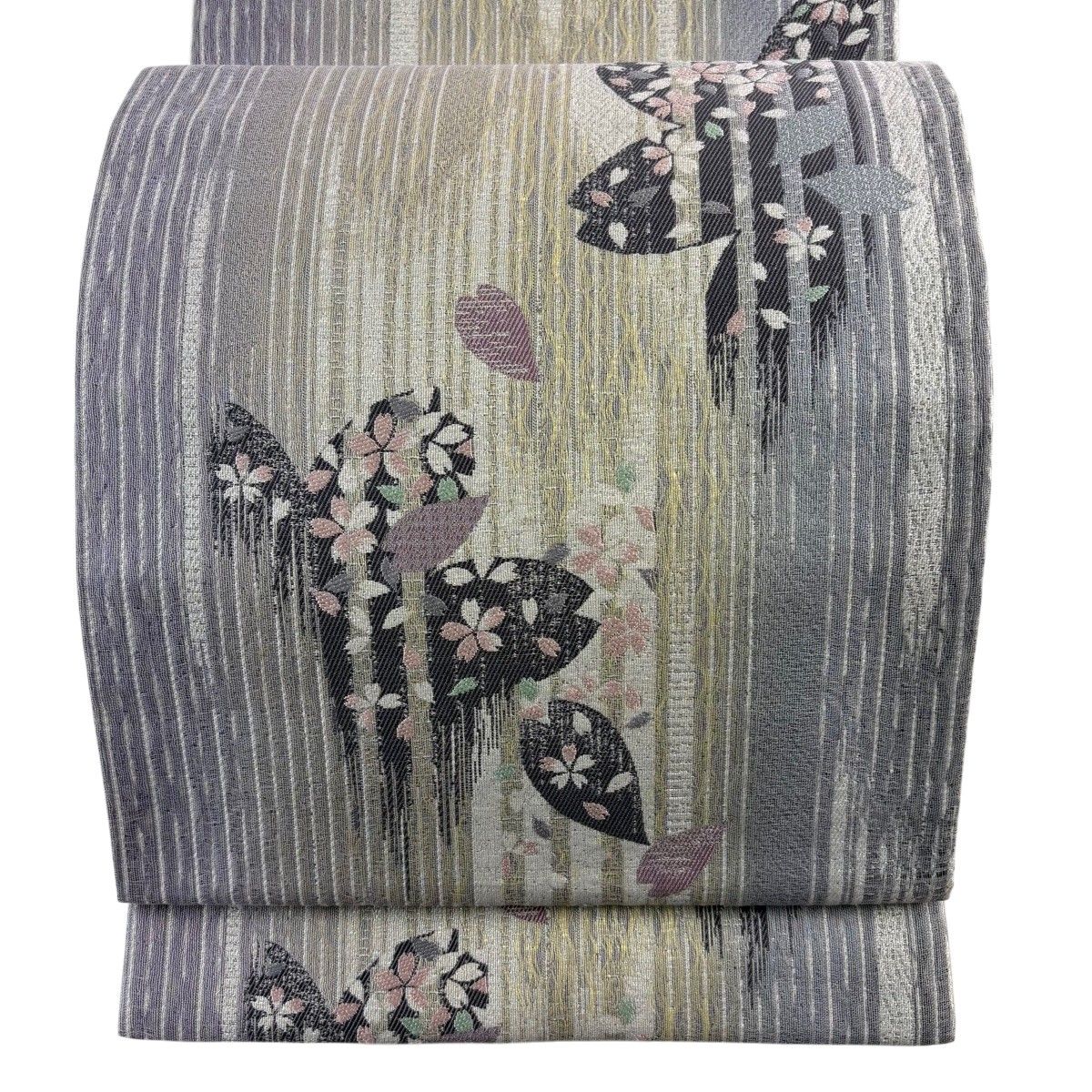 【美品】 袋帯 秀品 桜 縞 ラメ 灰紫 六通 正絹 【中古】