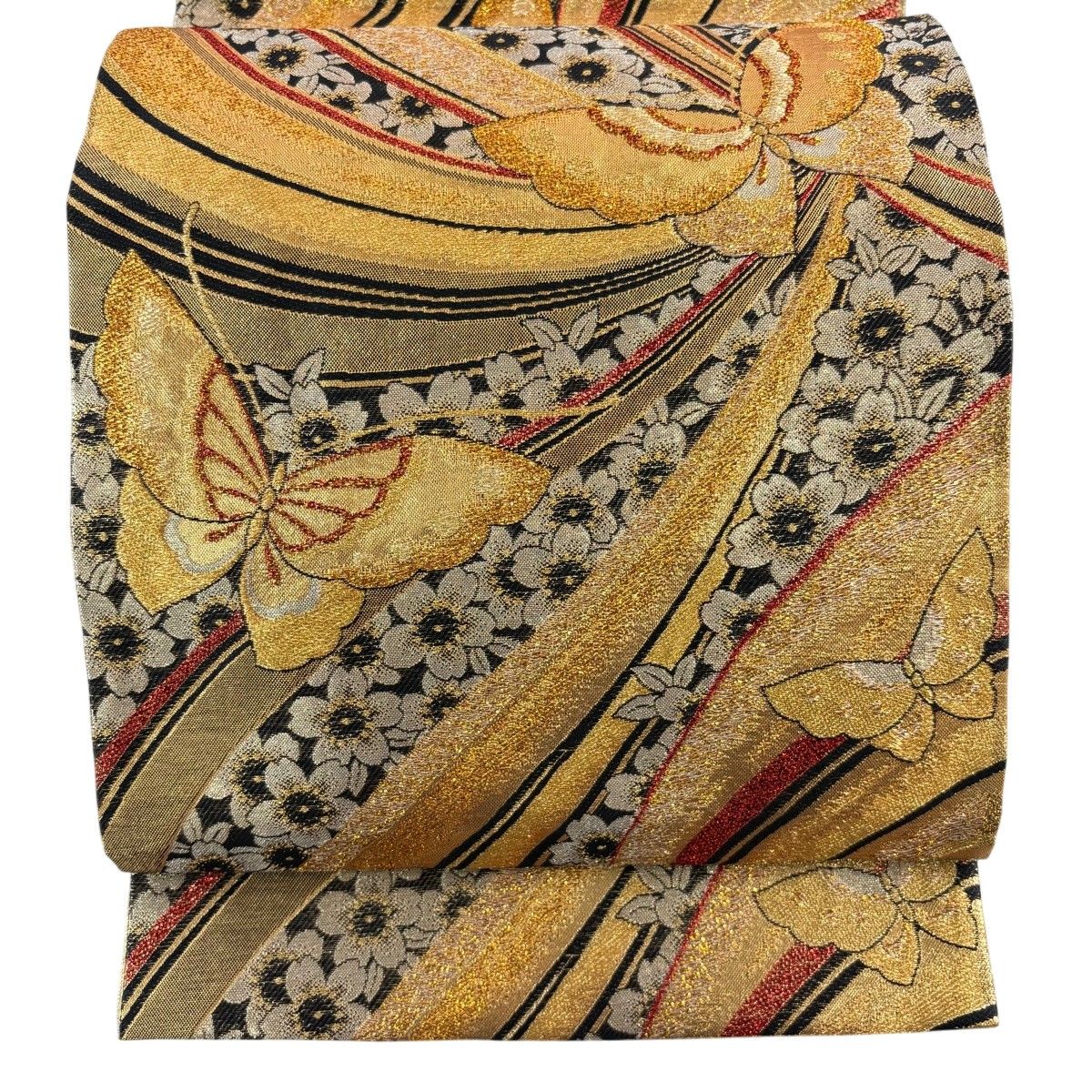 【美品】 袋帯 秀品 蝶 桜 金糸 箔 金色 六通 正絹 【中古】
