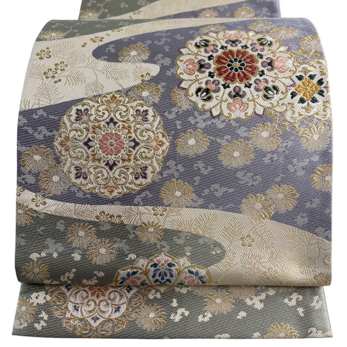 【美品】 袋帯 秀品 慶長流水華文 花 金糸 箔 薄紫 六通 正絹 【中古】