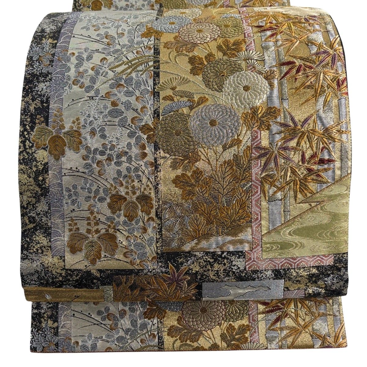 【美品】 袋帯 秀品 秋草 笹 金銀糸 箔 墨色 六通 正絹 【中古】