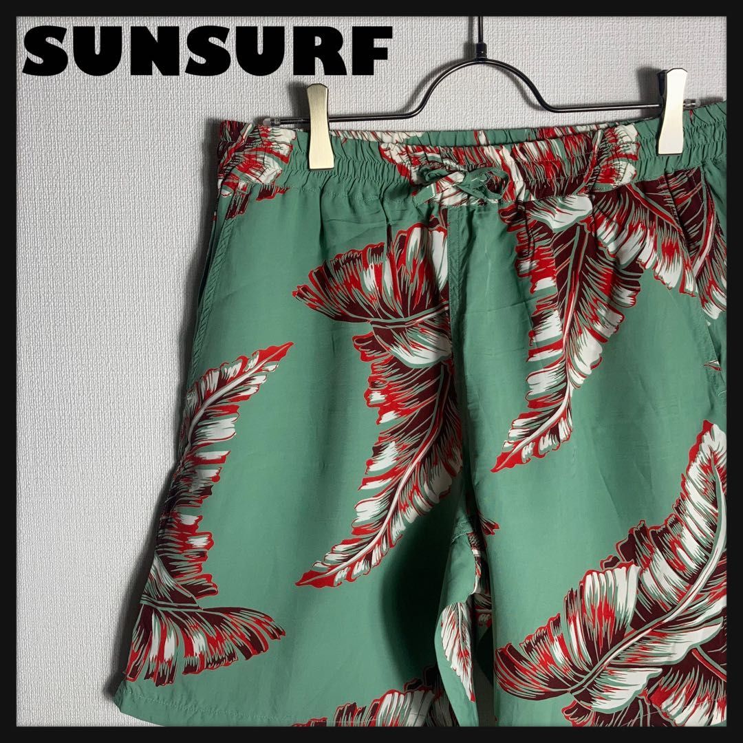【美品】SUNSURF ショートパンツ 葉 総柄 レーヨン 日本製 緑 M