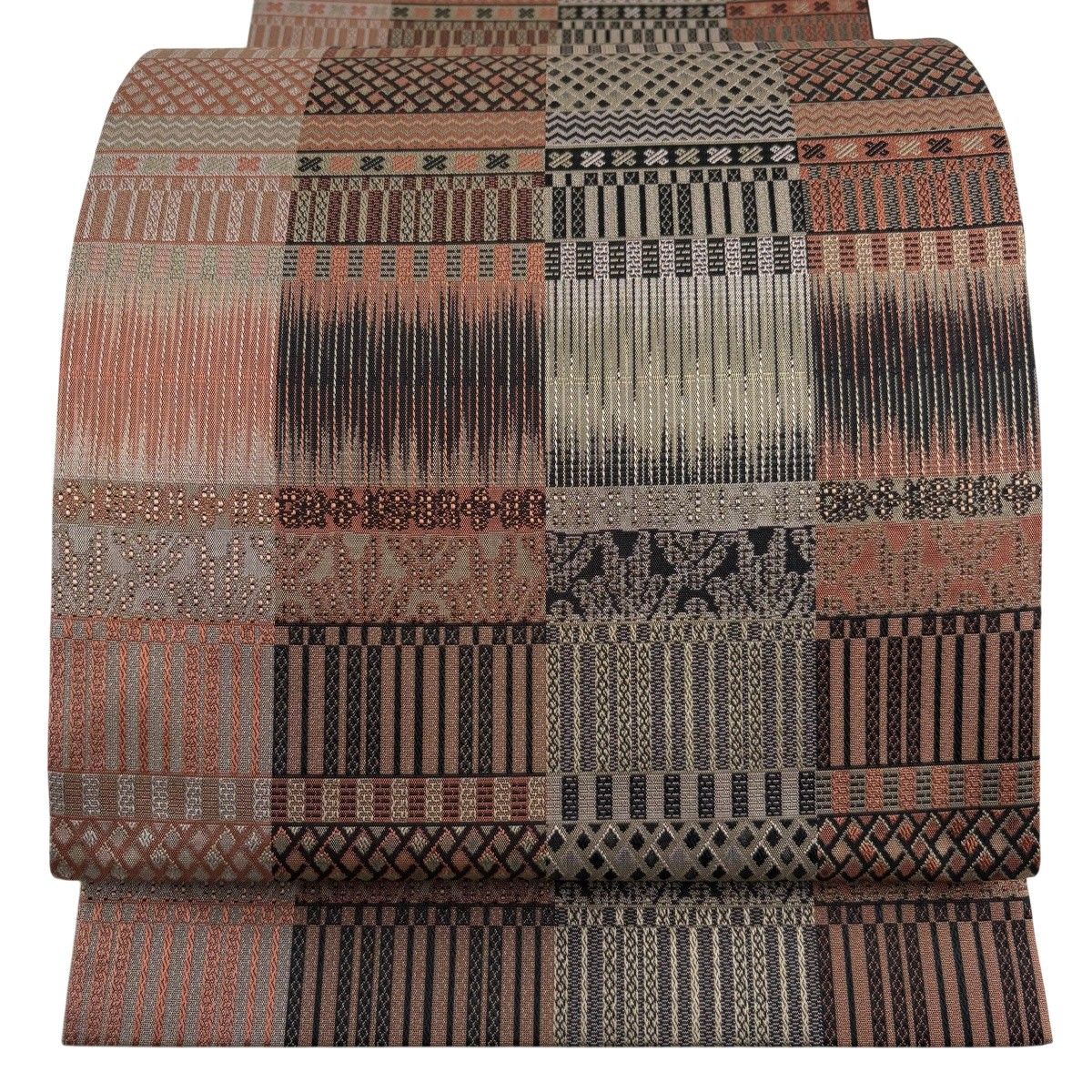 【美品】 袋帯 秀品 縞 菱 ピンクベージュ 全通 正絹 【中古】