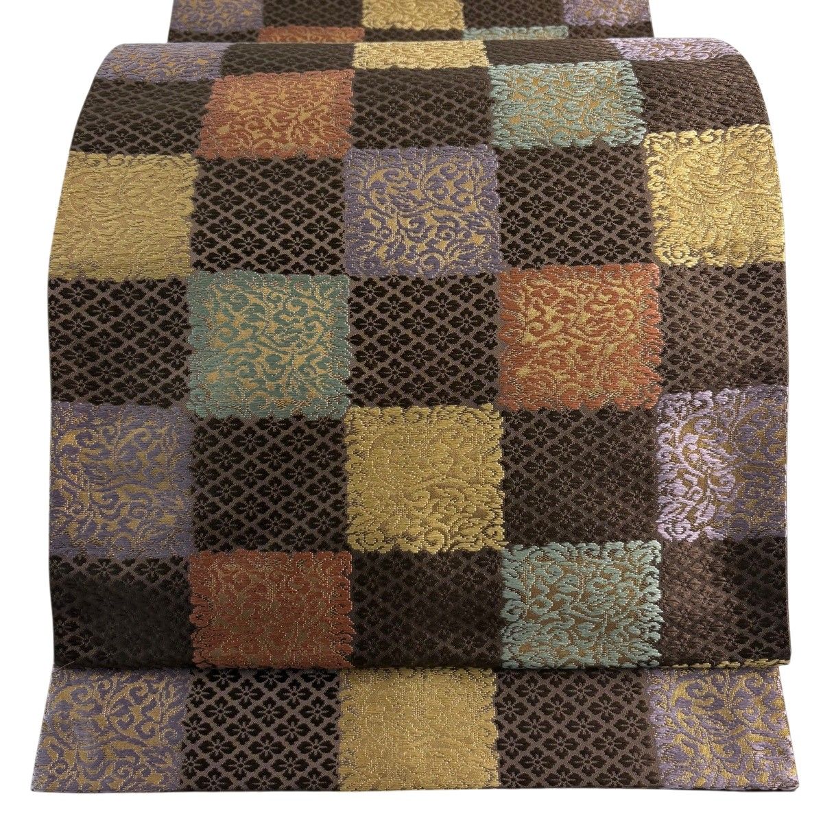 【美品】 袋帯 秀品 市松 草花 箔 焦茶色 六通 正絹 【中古】