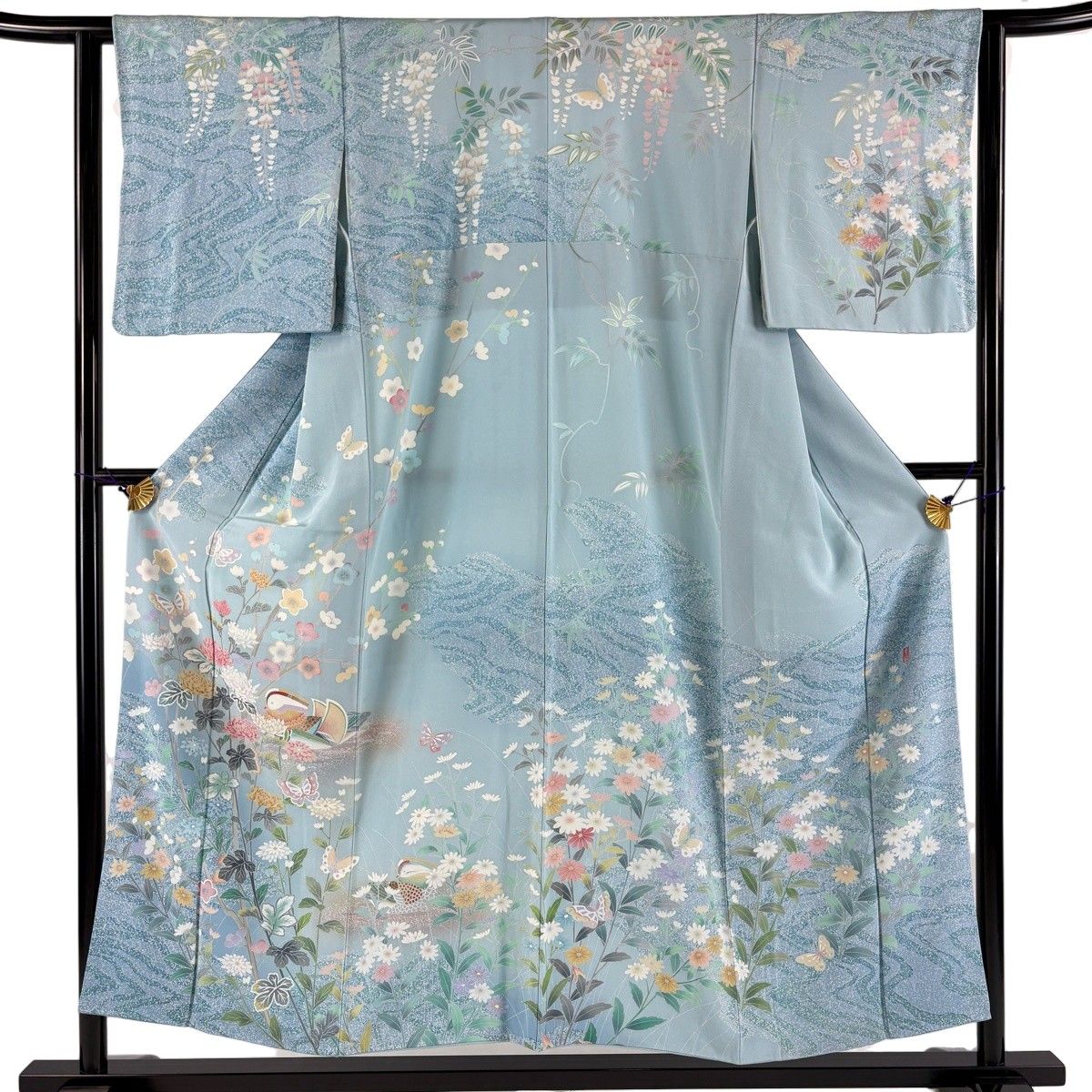 訪問着 身丈152cm 裄丈62.5cm S 袷 落款 鴛鴦 菊 染め分け ぼかし 水色