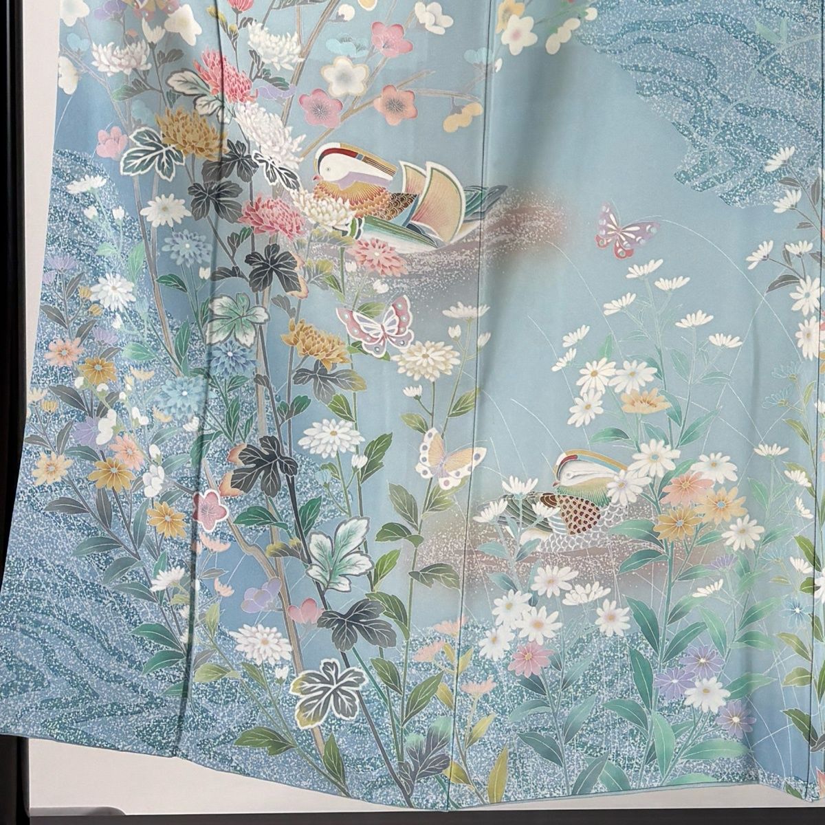 訪問着 身丈152cm 裄丈62.5cm S 袷 落款 鴛鴦 菊 染め分け ぼかし 水色